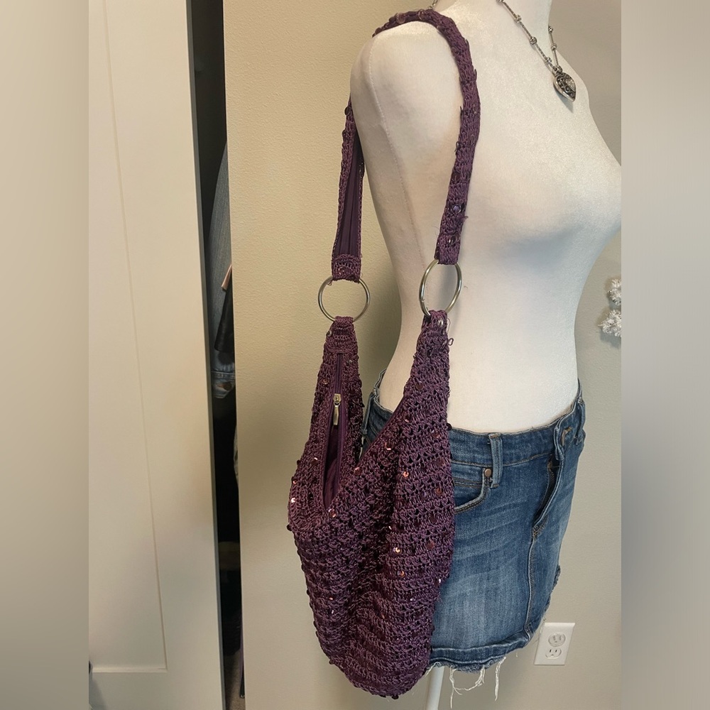 purple and sequin crochet bag